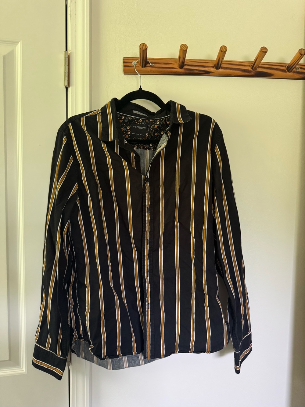 Denim & Flower Black Button-Down Shirt with Mustard and White Stripes